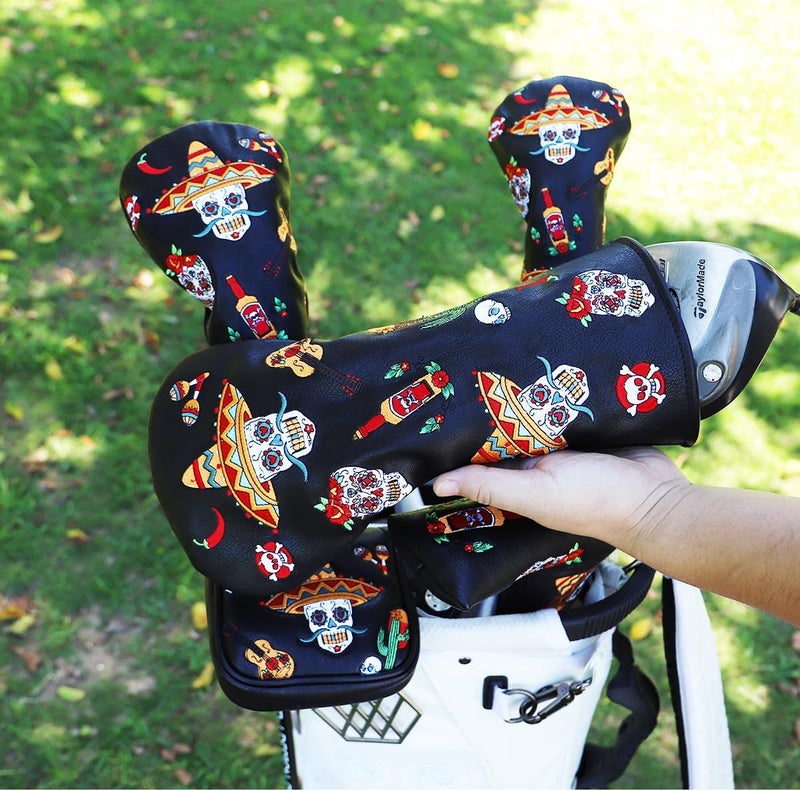 Acebirdie Golf Club Headcover for Drivers, Fairway Woods, Hybrids, and Mallet Blade Putter Sugar Skull Style Premium Leather Golf Headcovers Set with Interchangeable No. Tags - Image 5